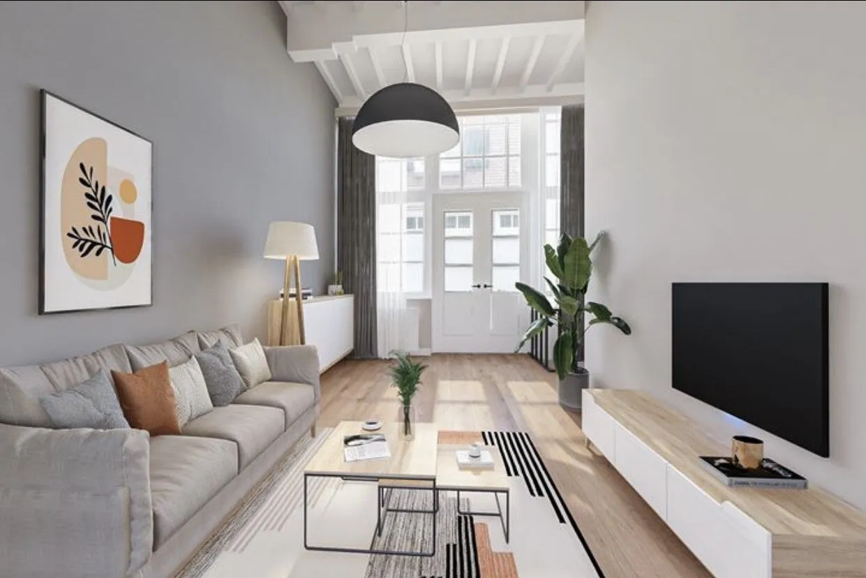 Woonkamer na renovatie, verkoopklaar gestyled
